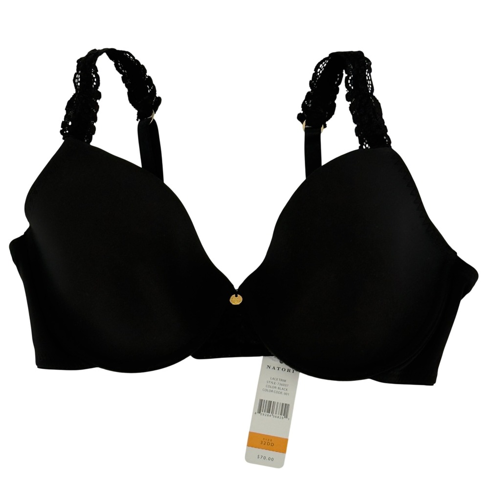 Natori Black Lace Trim T Shirt Bra 32DD Underwire Smooth Full Coverage NWT‎